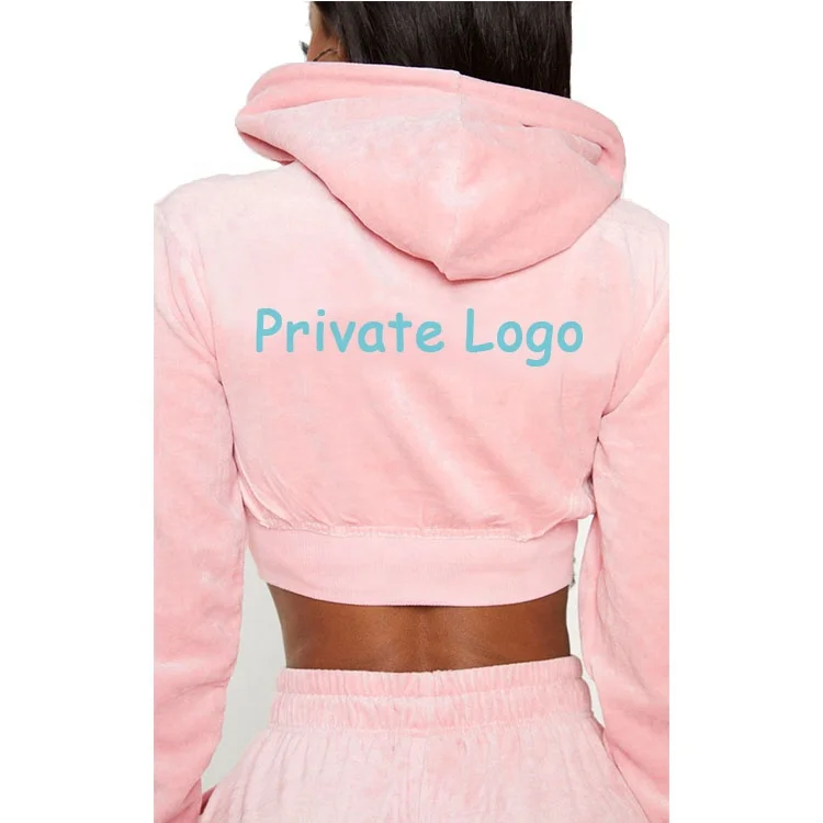 Custom Jogger Two Piece Set Cropped Sweatshirt Velour Crop Top Jogging Suit Pink Female Velvet Women Hoodies Tracksuit Sets