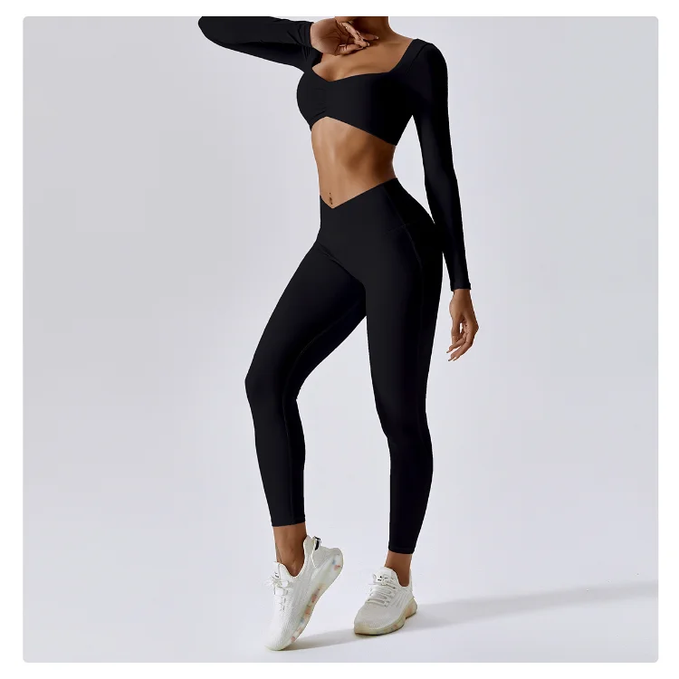 Custom Womens Two Piece Activewear Set Long Sleeve Crop Top V Waist