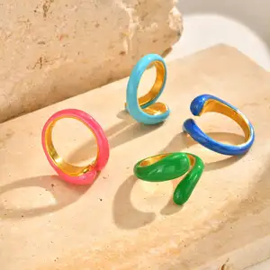 Delicate Multi-Color Stainless Steel Enamel Drip Rings Gold Plated Opening Adjustable Jewelry Ring