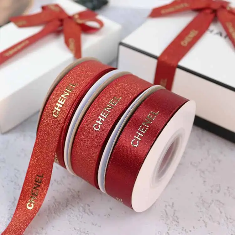 Фабрика Lude, фирменный логотип, тиснение, Золотая фольга, красный, блестящий, шелк, атласная лента, рулон, 100% полиэстер, 100 мм