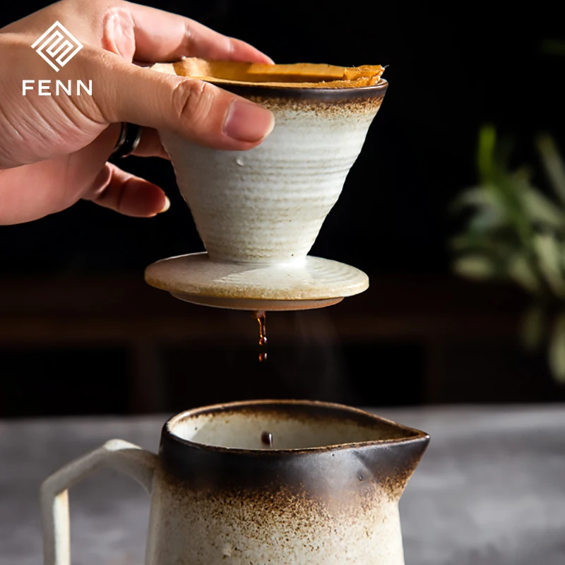 Other Travel Coffee Maker 620ML Vintage Handmade Stoneware Coffee Pot Dripper Filter Ceramic Espresso Pour Over Coffee Maker