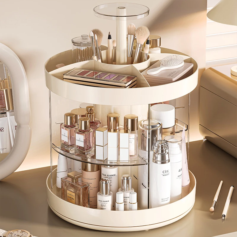 Organisateur cosmétique rotatif en plastique WANUO, organisateur de maquillage 3 niveaux avec plusieurs compartiments, organisateur cosmétique transparent en plastique