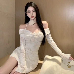 One Shoulder Apricot Dress with Lace - Patterned Long Sleeves and Flower - Shaped Decorations Creates a Sweet and Elegant Look