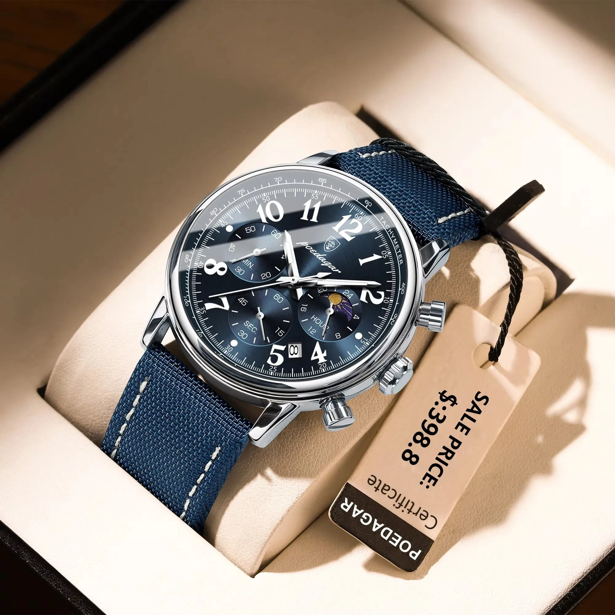 Luxury Silver Blue Quartz Chronograph Watch for Men