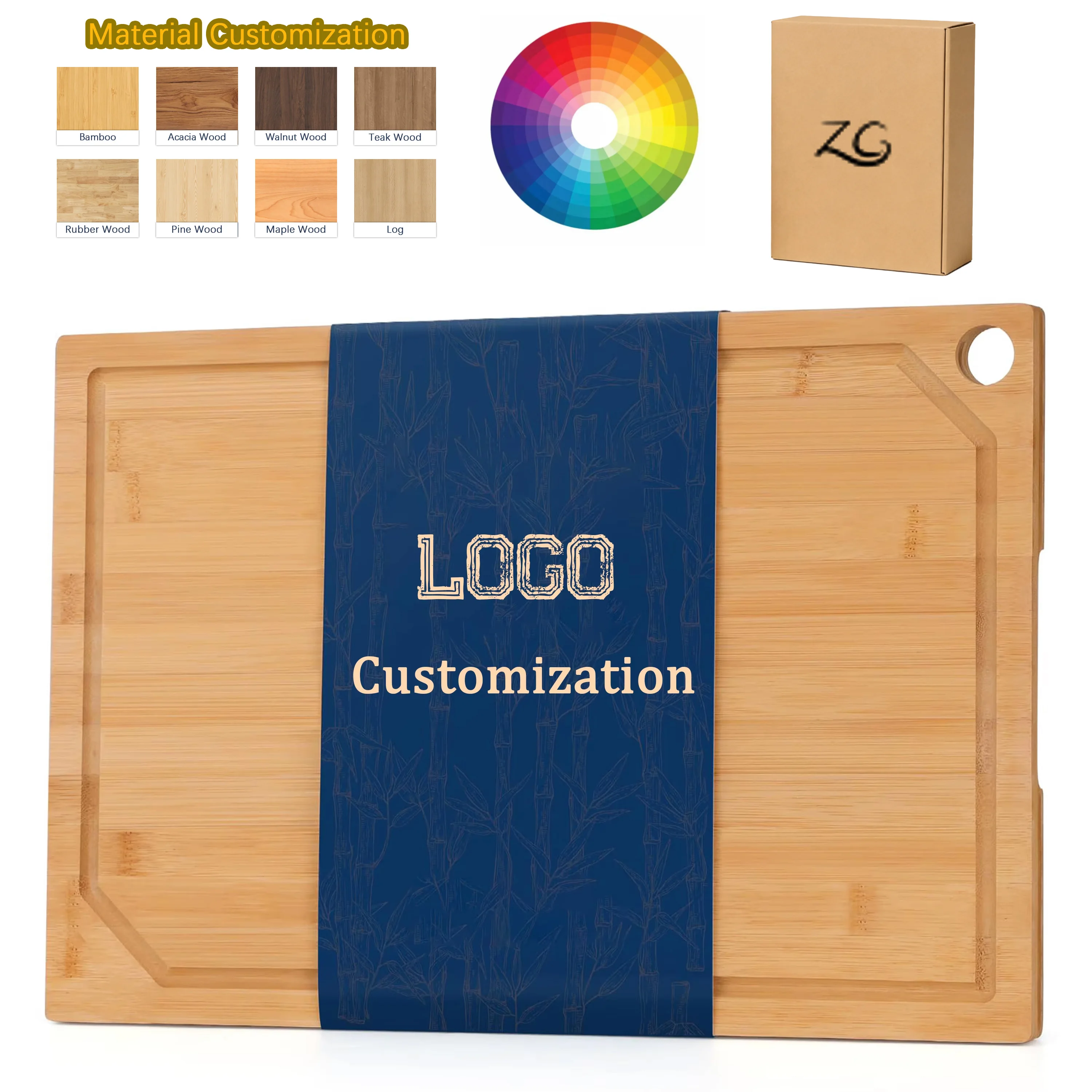 ZC Customized Durable Bamboo Chopping Board with Groove and Built-in Handles Kitchen Cutting Board