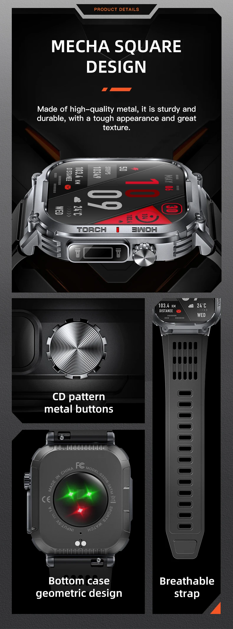 2026 Outdoor Sport S320B Smart Watch With Flashlight 2.02inch BT Call 30M Waterproof 400mah Fitness Tracker Smartwatch for Men