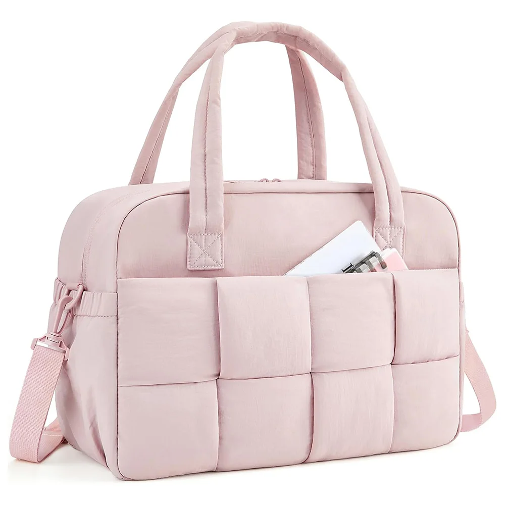 Lightweight Women's Puffer Gym Bag Fashionable Puffy Overnight Weekender Duffel with Zipper Closure Laptop Compartment