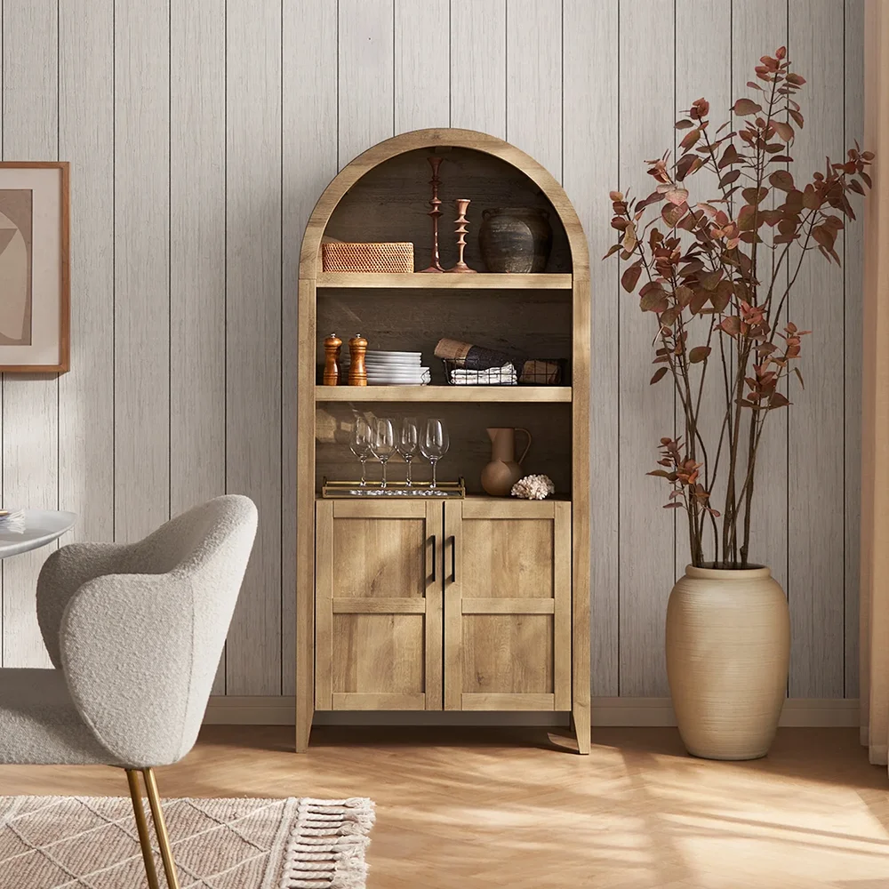 5-Tier Arched Bookcase with Doors and Shelves Living Room Furniture Bookshelf with Storage Cabinet supplier