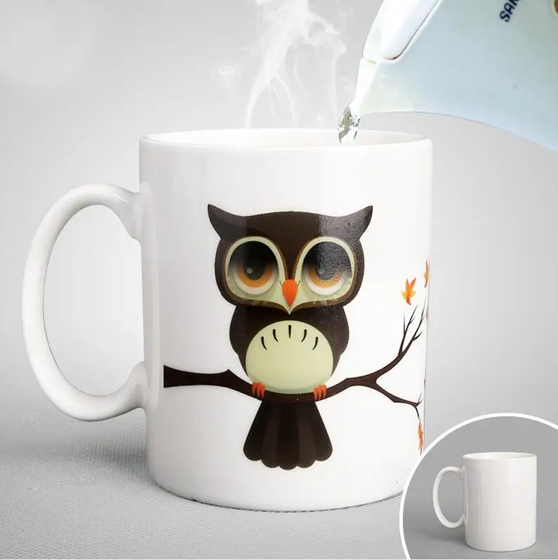 Custom Print Sublimation Blank Magic Heat Changing Coffee Mug Owl Pattern Ceramic Heat Sensitive Color Changing Cup