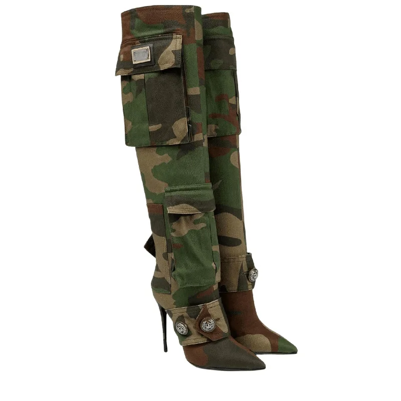 Fashion Female Buckle Camo Stiletto Heel Over The Knee Boots Sexy Pointed High Heels Denim Boots - Image 4