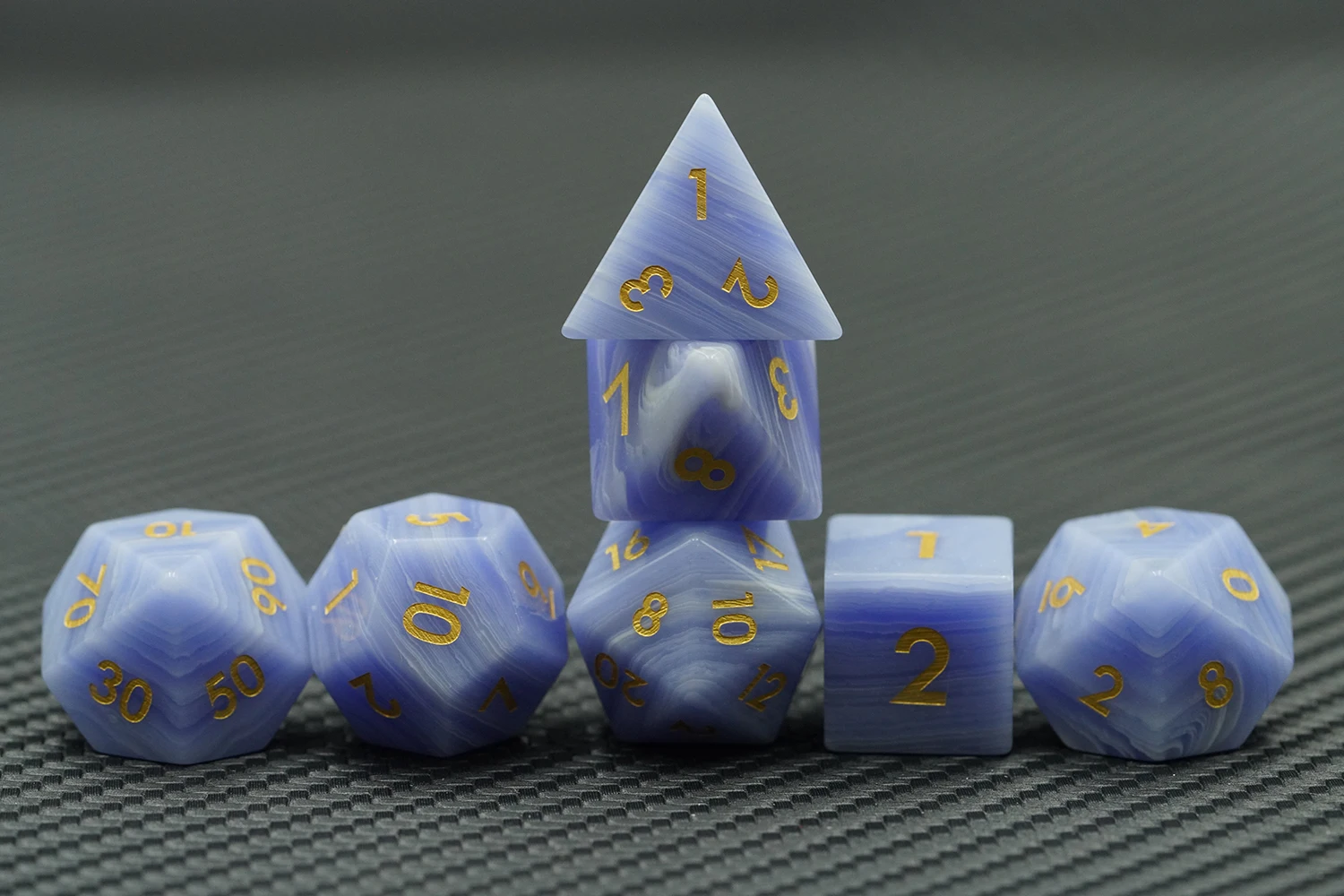Yushun Handmade Blue Stripe 7pcs RPG Dungeons and Dragons Set Custom Logo Polyhedral Logo Gemstone Dice for DND Games factory