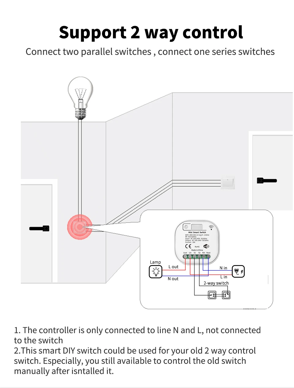 Factory Wholesale RF433 Smart WiFi Wireless Kinetic Switch No battery require Remote Control Switch Waterproof Wall Light Switch