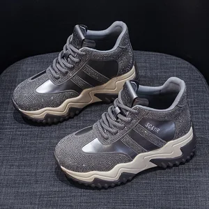 High Quality Thick Sole with an Increased Height of 7CM, Casual and Versatile Color Blocked Rhinestone Sports Women's Shoes