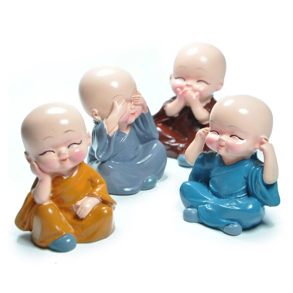 Four Resin Laughing Little China Zen Kung Fu Family Toy Doll Statue Cute Buddha Monk