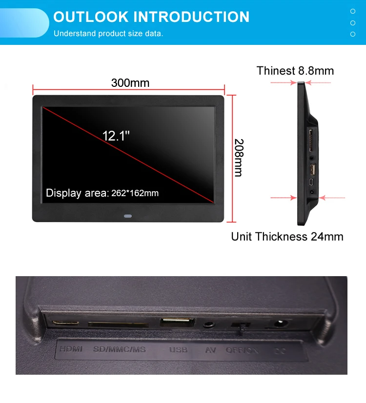 12 Inch Lithium Battery Powered Digital Photo Picture Frame With Built in Battery