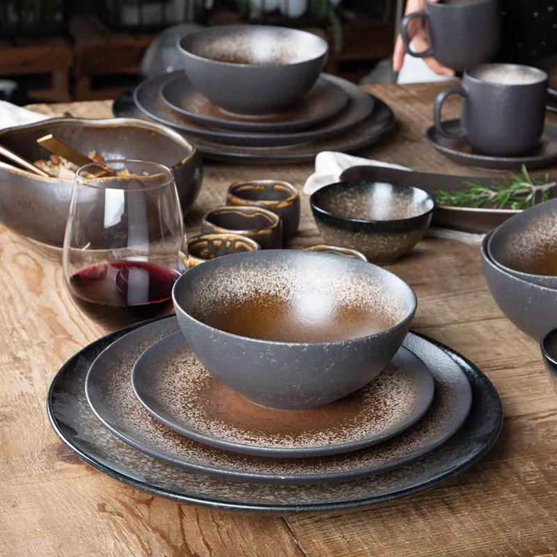 Porcelain Ceramic Dark Brown Salad Brunch Lunch Banquet Service Dishes  Plate Bowl Set of Silver Plates