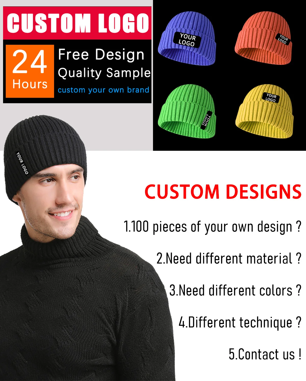 Winter Plain Dyed Custom Beanie Hat Warm Knitted Beanie Custom Logo