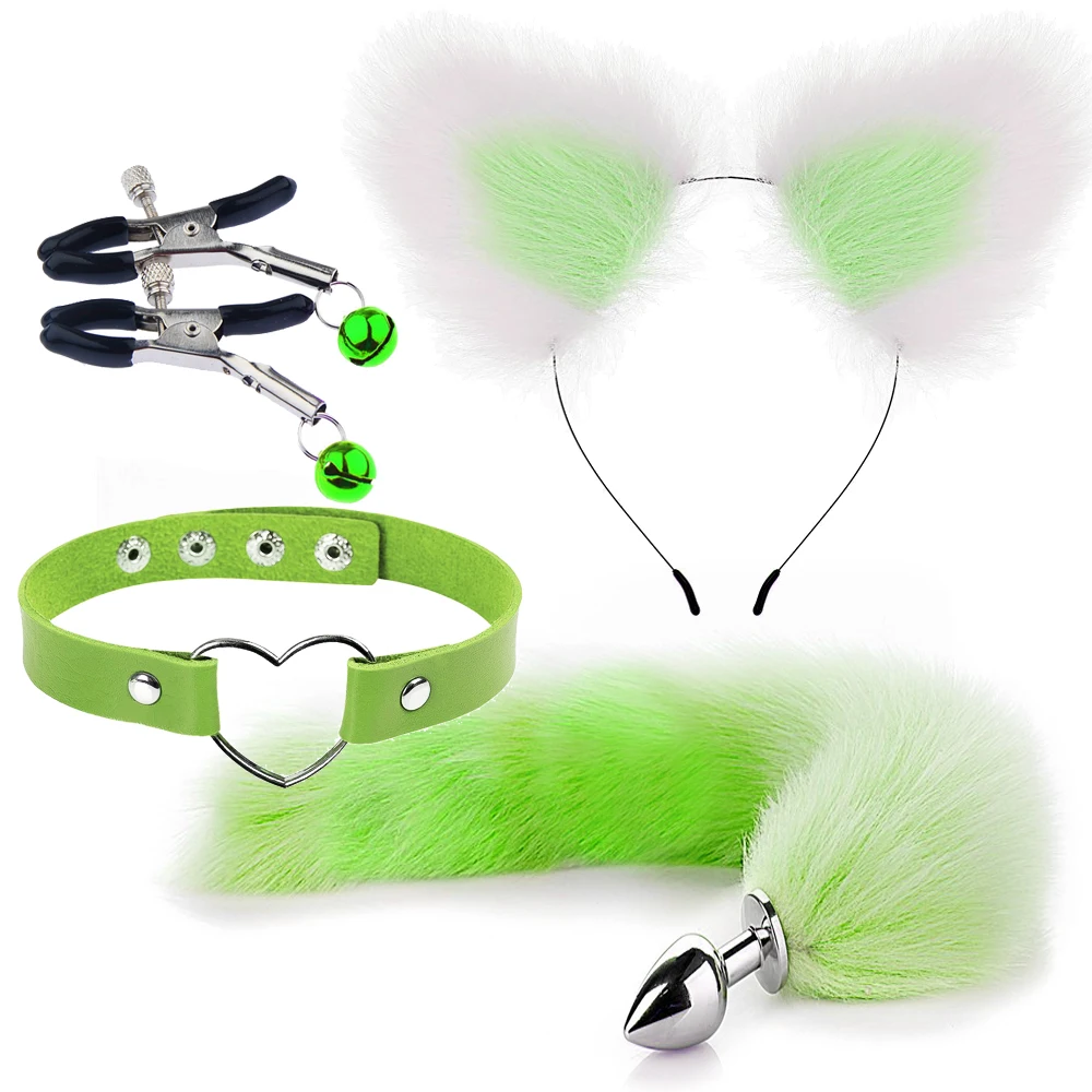 Metal Butt Plug 4 In 1 Fur Set Skin Friendly Smooth Touch Anal Plug Fox Tail Breast Clip Hairpin Couple Cosplay Multi-color_voghion.com