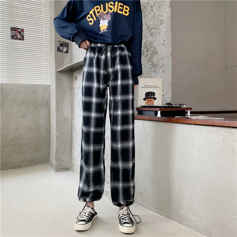 Plaid Pants Women High Waist Wide 