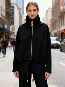 New Niche Fashion Designer Metal Zipper High Neck Jacket Loose Oversized Drawstring Waist Women's Jacket