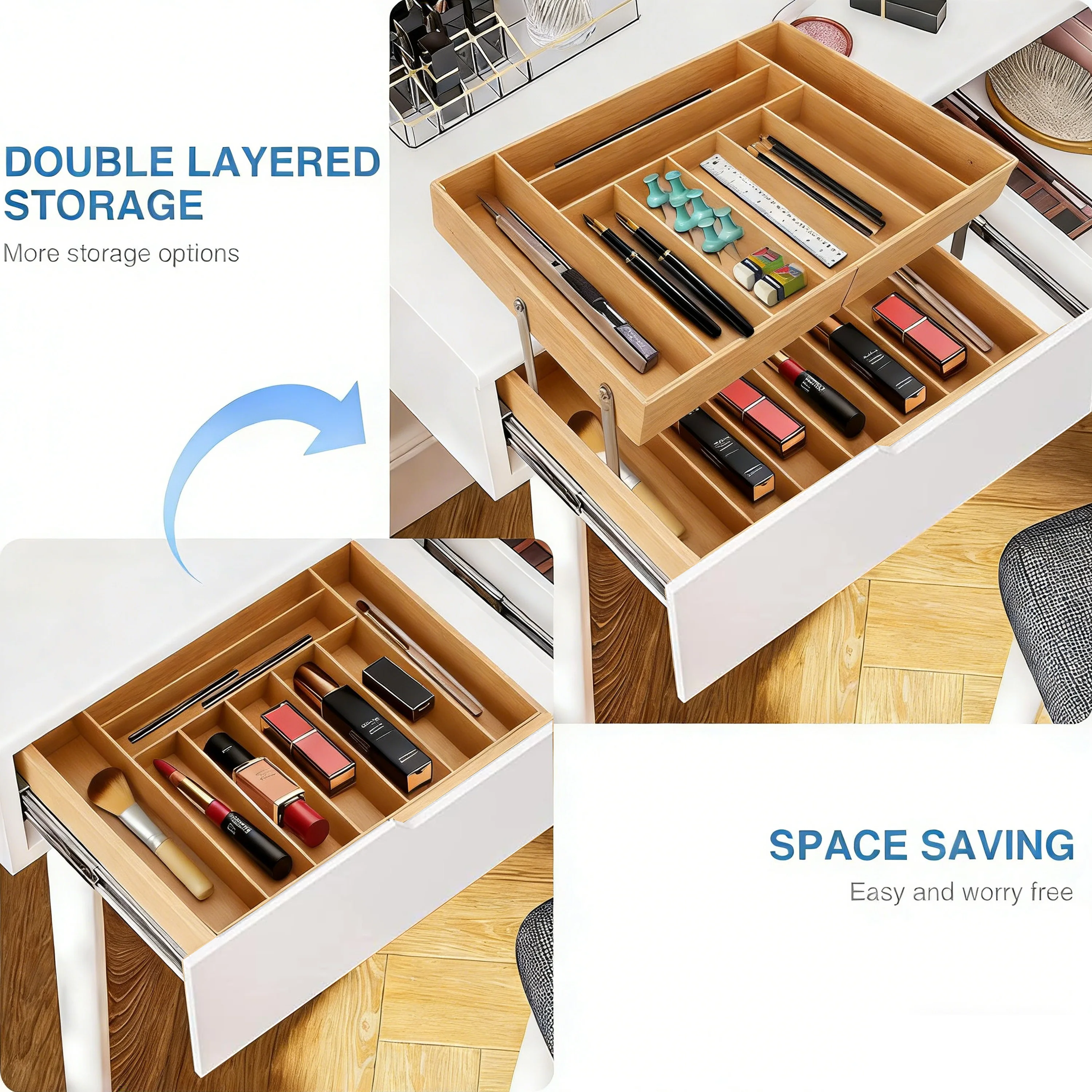 product custom  2 layer expandable tray multifunctional drawer organizer bamboo storage tray adjustable divider for office kitchen-8