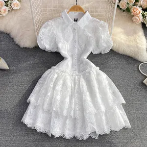 Wholesale 2026 Summer Retro Temperament Super Fairy Lapel Single Breasted White Embroidered Bubble Sleeve A-line Cake Dress