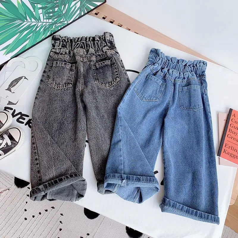 Spring Autumn Girls Jeans Baby Denim Pants Kids Wide Leg Trousers Children Bottoms Streetwear High Waist Buttons Pants