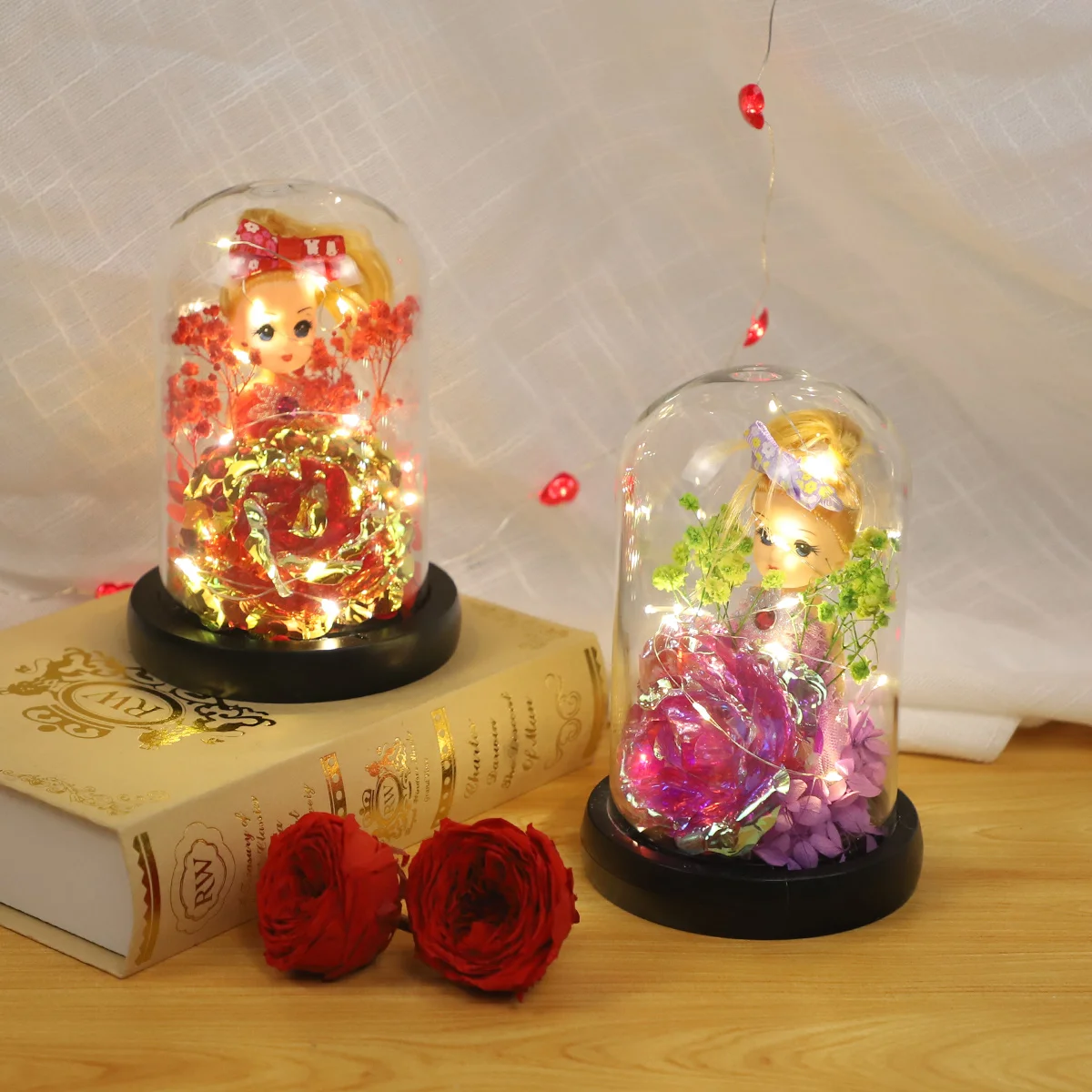 hand blown glass gift decoration flowers mini rose dome with led base galaxy rose enchanted crystal flower gift