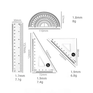 Custom Logo Printed High Quality ABS Plastic Transparent Right Angle Triangle Ruler 4-Piece Set for School Home Use Math Ruler