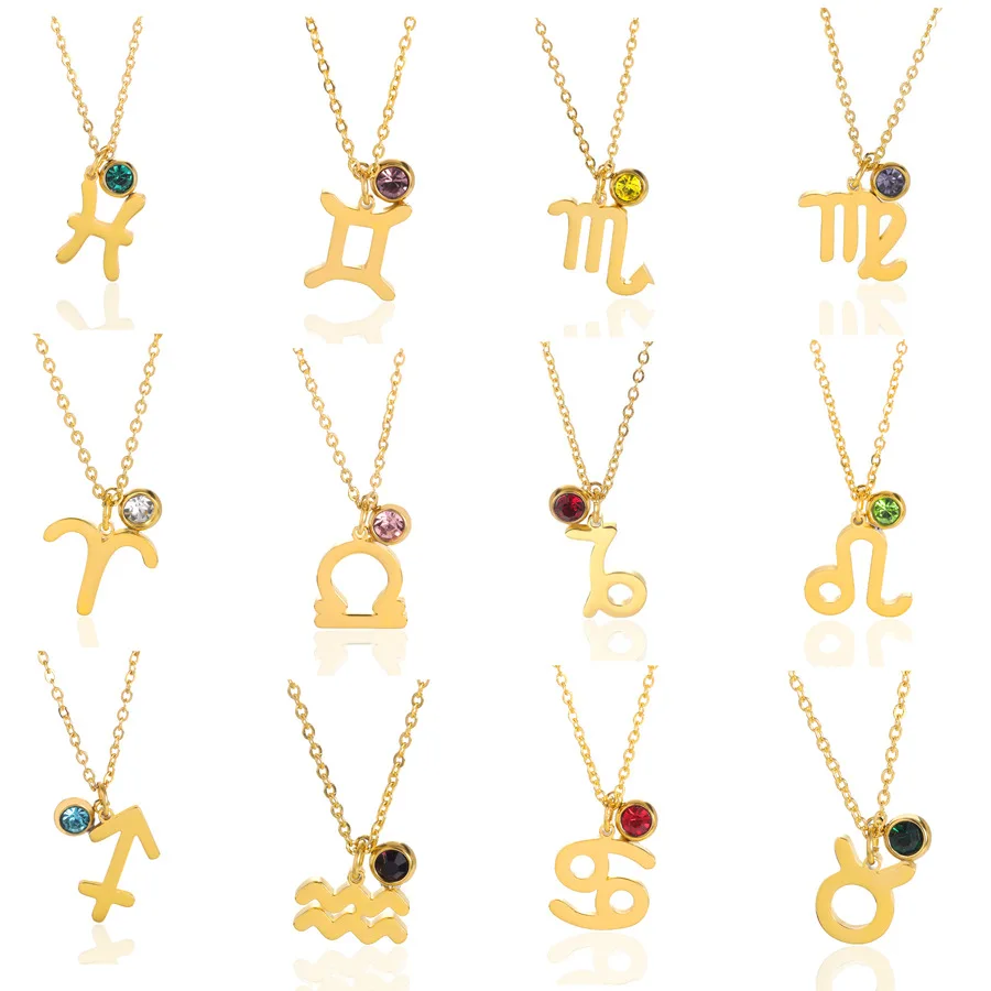 New Gold Color Colorful Birthstone Zodiac Sign Necklace Stainless Steel Pendant