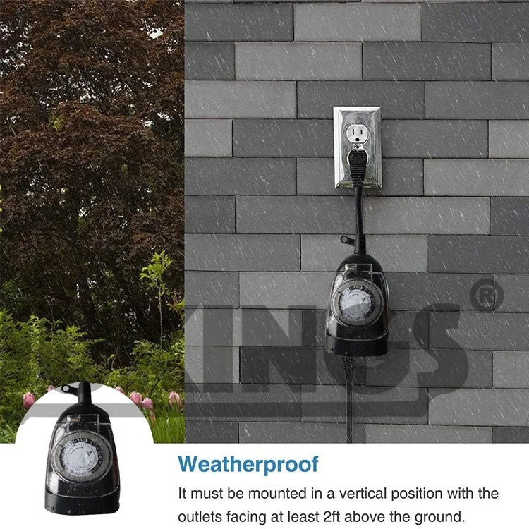 24-Hour Heavy Duty Plug-in Timer Socket Outdoor Electrical Mechanical Timer PVC 15A Rated Current 125V Rated Voltage IP54 US 5m