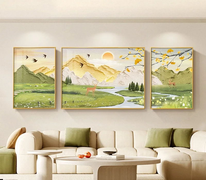 Ginkgo Forest Mountain Wall Art Canvas Print Golden Deer Sunset River Winding Path Nature Landscape Neutral Earthy Tones