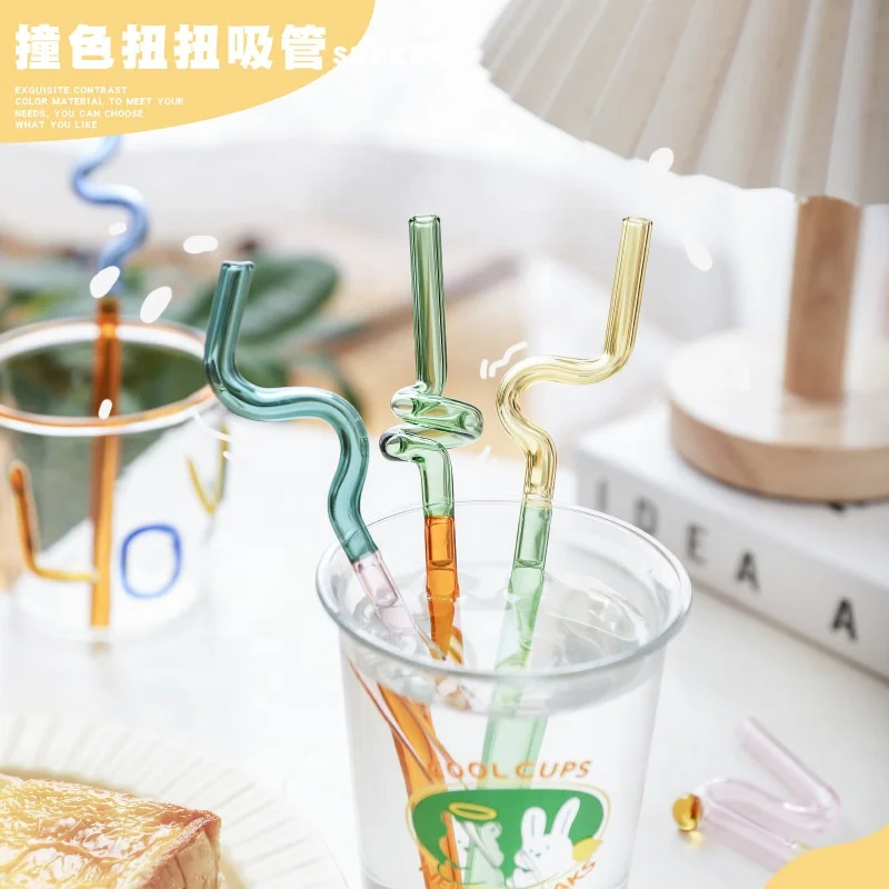 Color Glass Straws Twist Reusable Straws Heat Resistant Glass