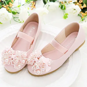 New Spring Summer Girls' Bowknot Princess Dress Shoes for Dance Trendy Performance Pearl Flat Shoes for Children