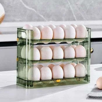 30 Grids Detachable Egg Storage Box 3-Tier Kitchen Folding Refrigerator Organizer Durable Plastic & PET Storage Rack for Food