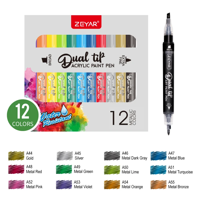 ZEYAR Dual Tip Acrylic Paint Pens 12 Metallic Colors Board & Extra Fine Tip Waterproof Ink Works on Rock, Wood, Glass, Ceramic