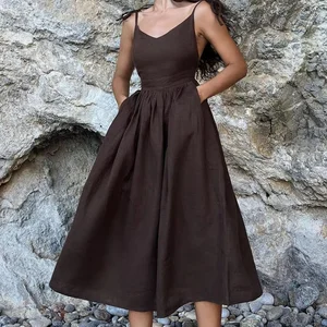 2026 Summer Sleeveless Dress for Women Romantic Backless Casual Long Dress Solid Bandage Maxi Summer Dress