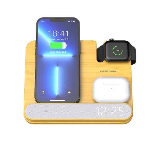 New Arrivals Wireless Phone Charging Station  With Clock Wood Wireless  Portable Charger for Mobile Phones