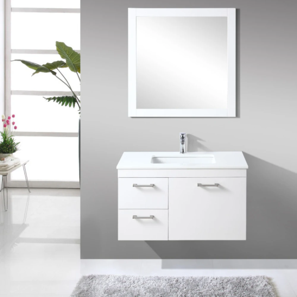 White Quartz Countertop Ceramic Wash Basin Solid Wooden Floor Standing Modern Custom Bathroom Furnitures