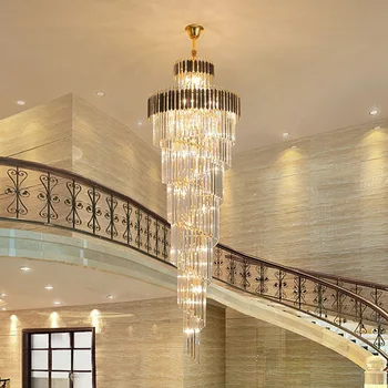 Modern luxury hotel Lobby Stairwell stainless steel glass k9 high ceiling crystal pendant lighting chandelier