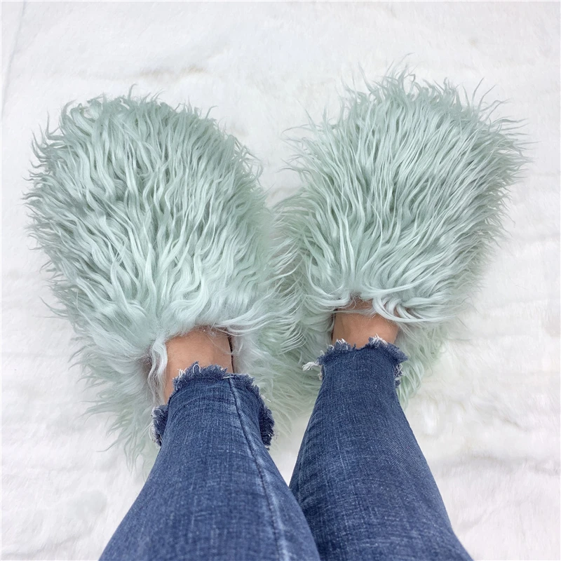 New Flat Plush Mongolia Fur Slides Indoor Bedroom House Women Plush Fluffy Shoes Luxury and comfort Fluffy slippers