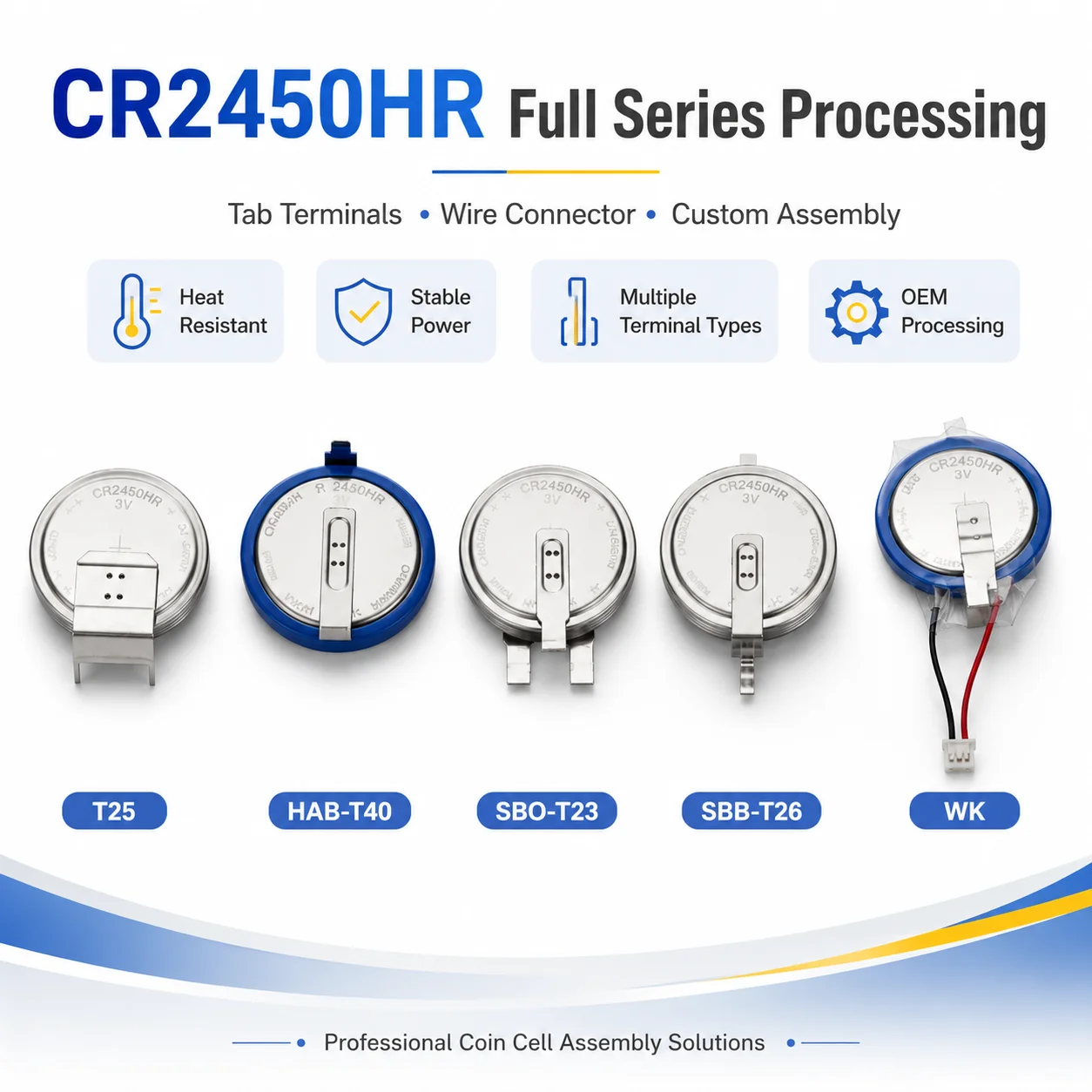 CR2450HR T25 HAB-T40 SBO-T23 SBB-T26 CR2450HR 3V 550mAh TPMS Battery Heat Resistant  Coin Cell Battery with Tabs Wire Connector