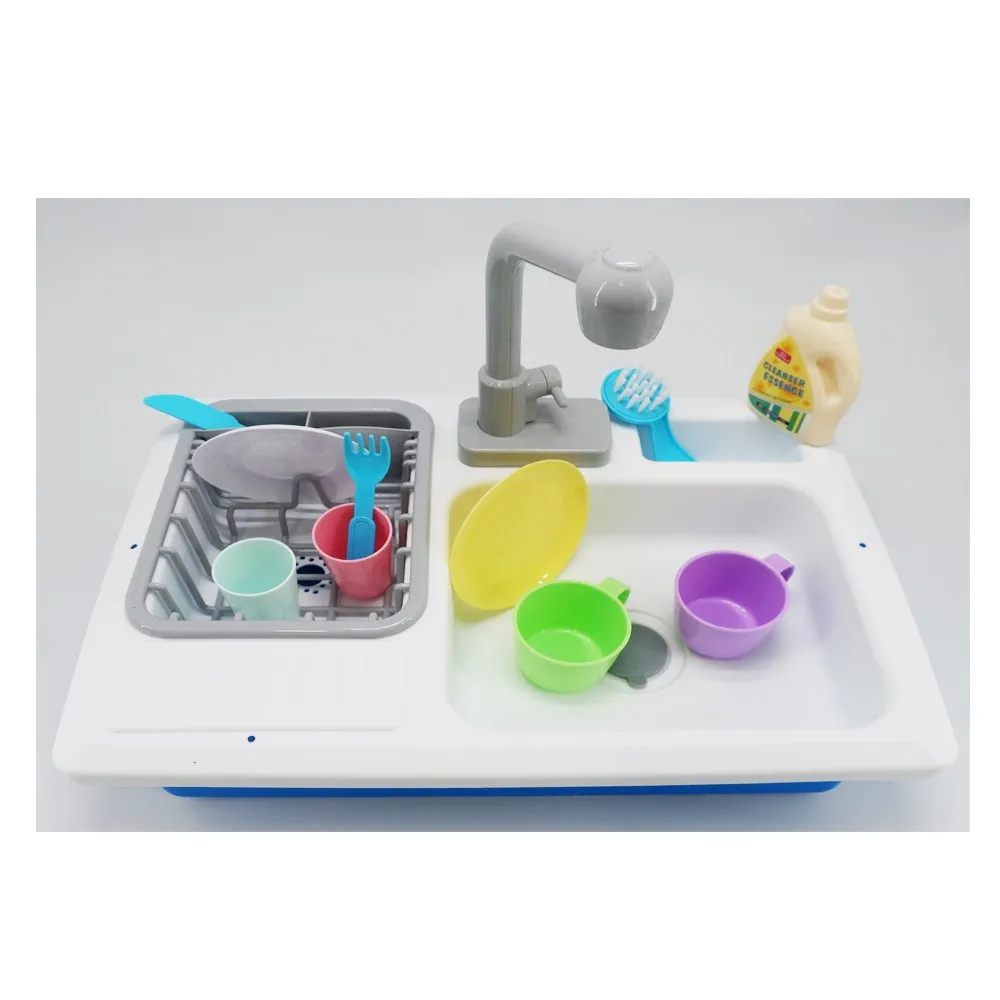 DeAO Évier De Cuisine Jouet Avec Eau Courante Réelle – Lave-Vaisselle Électrique Avec Accessoires Alimentaires Velcro – Cadeau Sensoriel Pour Garçons Et Filles (Bleu)