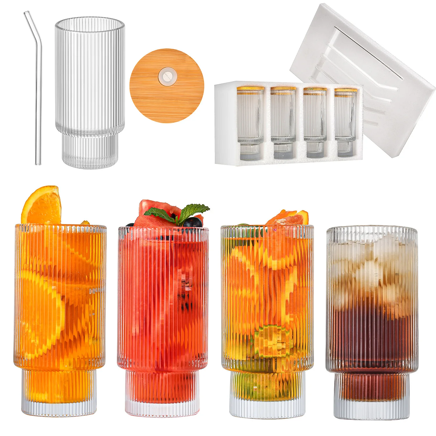 DD1810  Kitchen Textured Glassware Set of 4 Iced Coffee Whiskey Cocktail  Water Mason Jar Tumbler Ribbed Drinking Glasses Cup