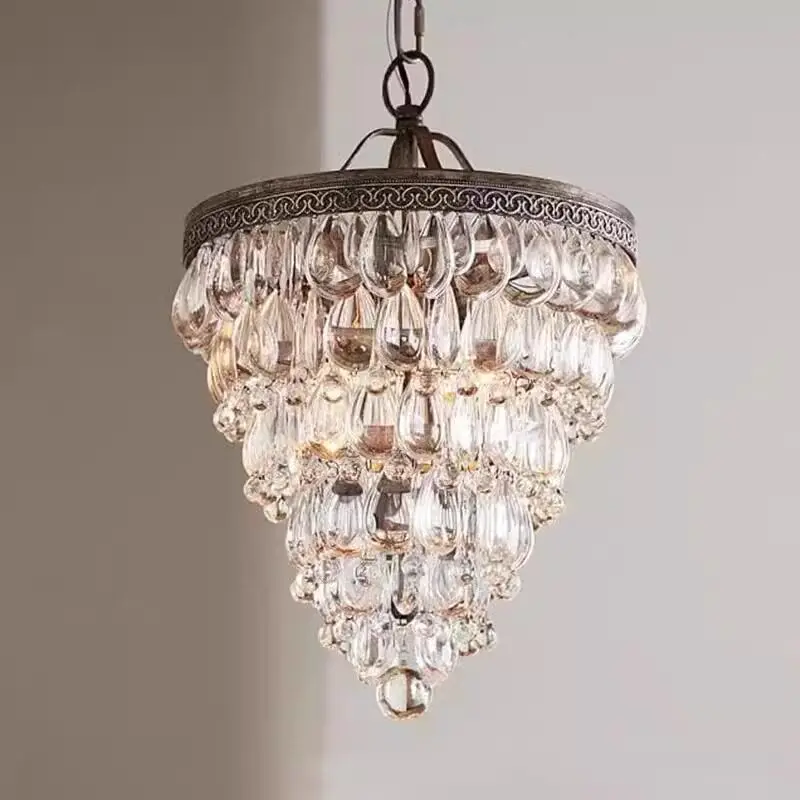 Amerikanischer Stil, Retro-Kristall-LED-Kronleuchter im französisch-eleganten Landhausstil mit tropfenförmigem Design und Angelschnur-Optik für Wohnzimmer und Esszimmer