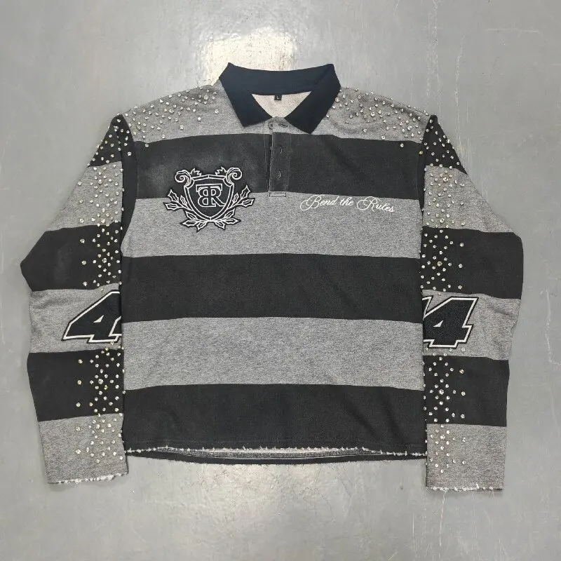 Salati 2026 Custom 100% Cotton Men's Polo Rugby Shirts with Embroidery Screen Printing & Rhinestone Logo gallery 7