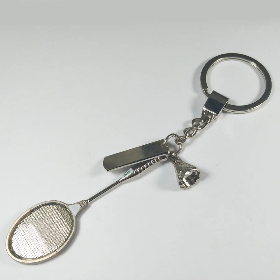 Fashionable Metal Badminton Racket Keychain with Battledore Shuttlecock & Tennis Shuttle Featuring Slogan Tag