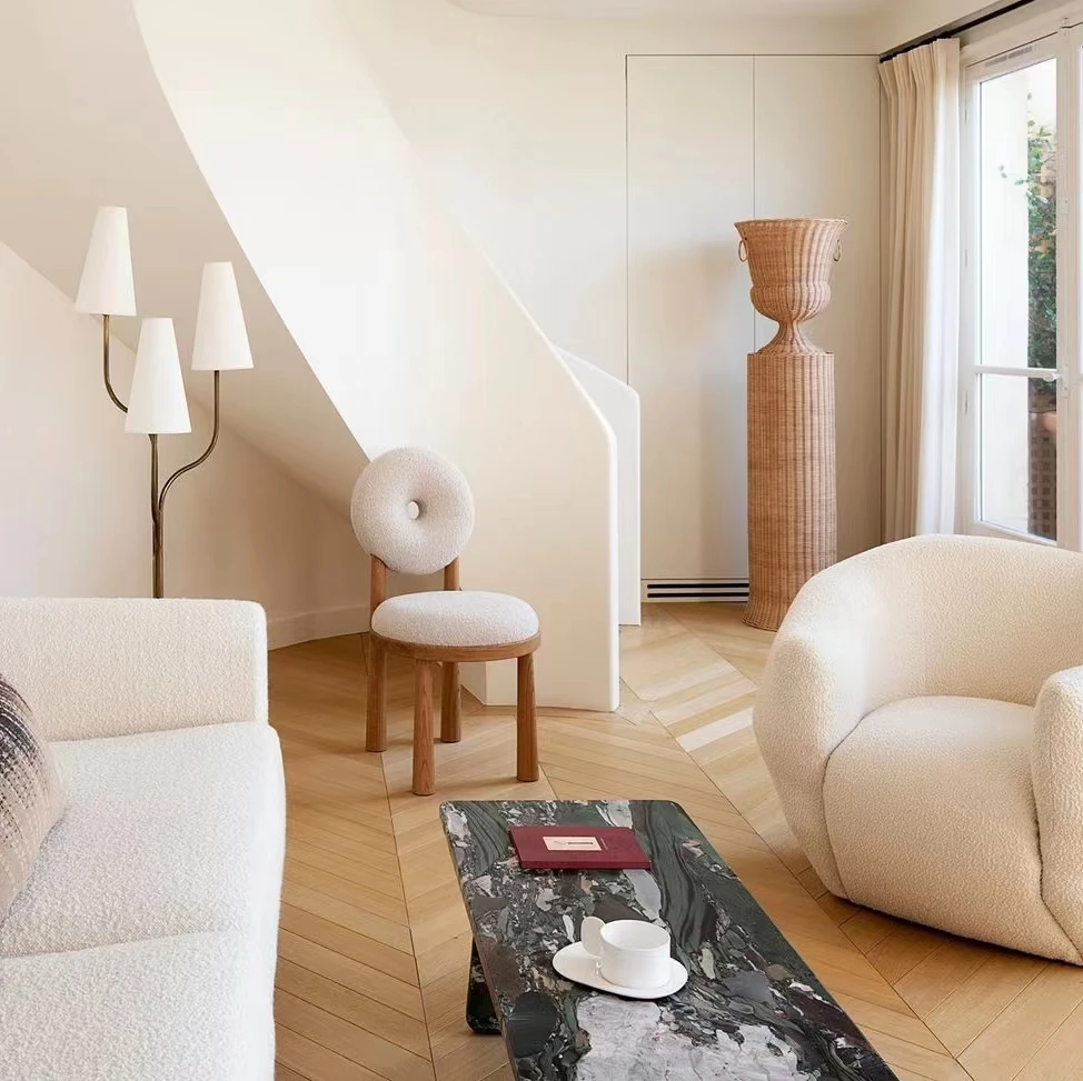 Unique Solid Wood INS Living Room Leisure Chair Donut Backrest Design Teddy  Boucle Fabric Mid century Modern Nordic Dining Chair