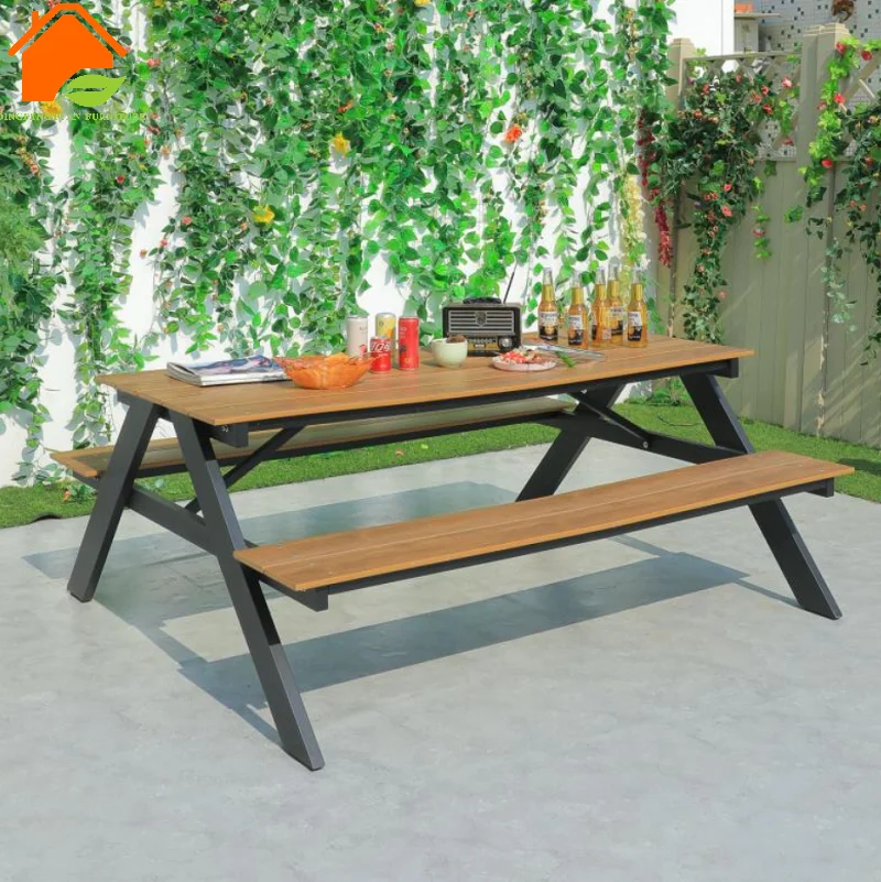 Outdoor Restaurant Park Furniture Dining Set Table With Bench Metal Leg