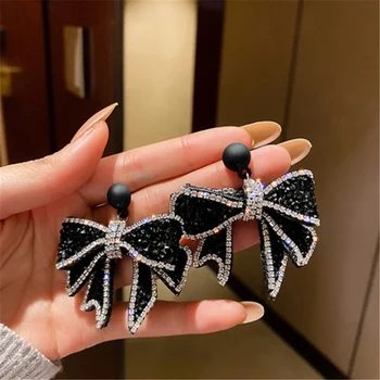 Kaimei Weddings Party Jewelry Accessories Korean Style Black Bowknot Dangle Earrings for Women Rhinestone Earrings